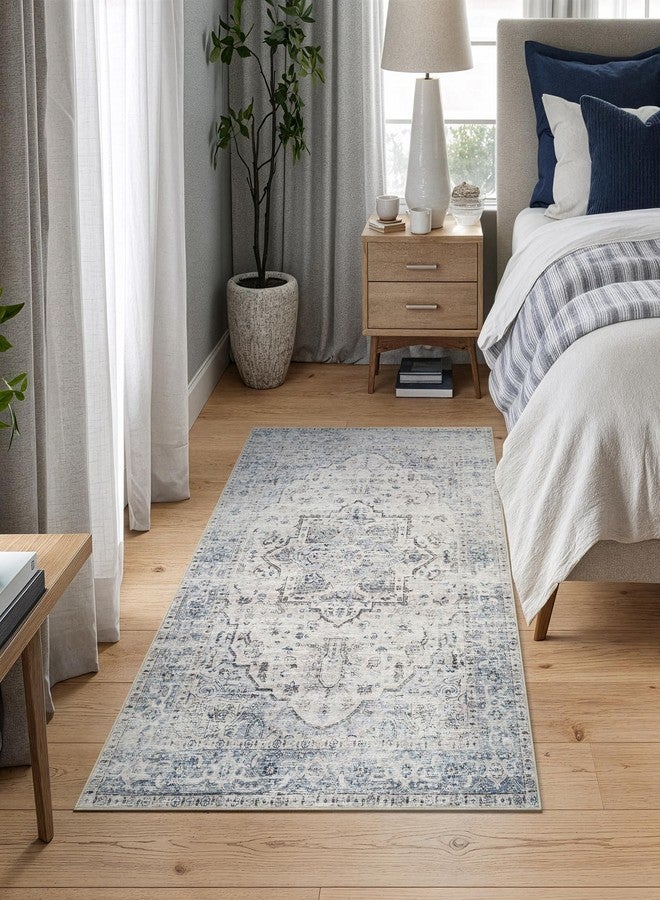 Bloom Rugs سجادة بلوم كارا قابلة للغسل وغير قابلة للانزلاق، مقاس 3×5 - لون عاجي/أزرق/رمادي، سجادة تقليدية مناسبة لغرفة المعيشة، غرفة النوم، غرفة الطعام، والمطبخ - المقاس الدقيق: 3×5 قدم - Image 3