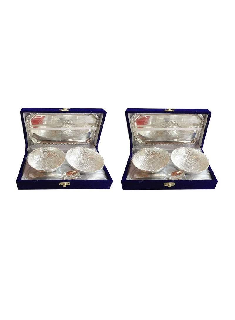 Silver Brass Round Bowl Set With Tray And Spoon Set Of 2 Piece - Image 1