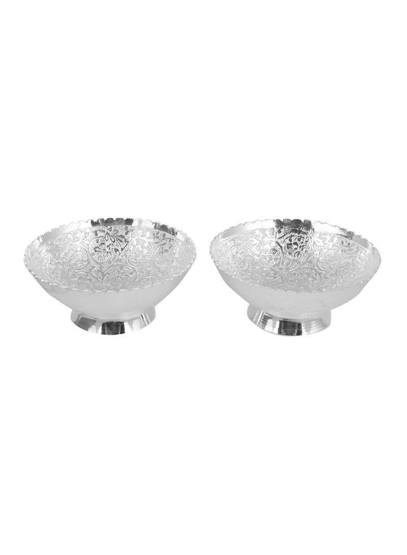 Silver Brass Round Bowl Set With Tray And Spoon Set Of 2 Piece - Image 4