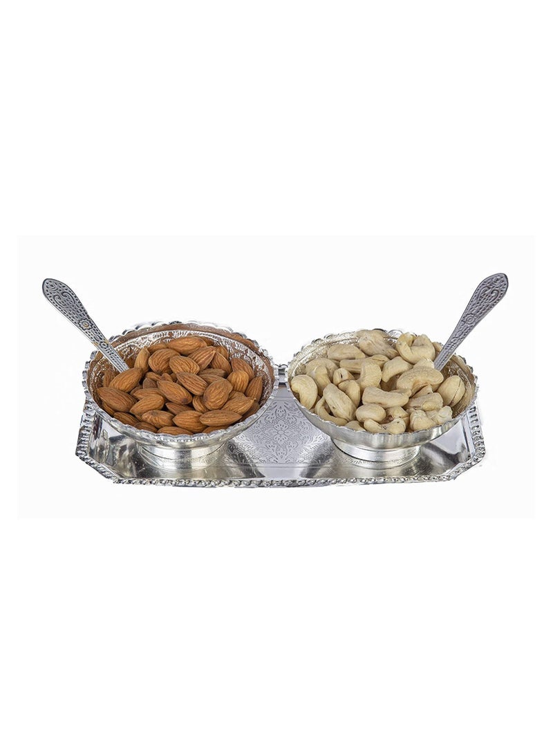 Silver Brass Round Bowl Set With Tray And Spoon Set Of 2 Piece - Image 3