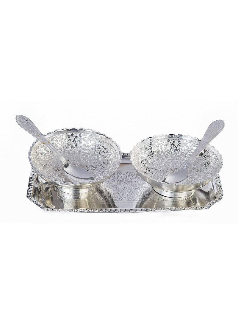 Silver Brass Round Bowl Set With Tray And Spoon Set Of 2 Piece - Image 2