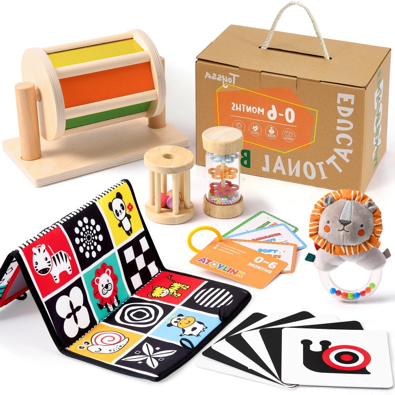 Toyssa Montessori Toys for Babies 06 Months 6 in 1 Wooden Learning Educational Sensory Toys with Spinning Drum Tummy Time Mirror Baby Rattle Flash Card Birthday Gifts for Babies Boys Girls - Image 2