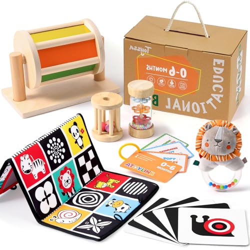 Toyssa Montessori Toys for Babies 06 Months 6 in 1 Wooden Learning Educational Sensory Toys with Spinning Drum Tummy Time Mirror Baby Rattle Flash Card Birthday Gifts for Babies Boys Girls - Image 1