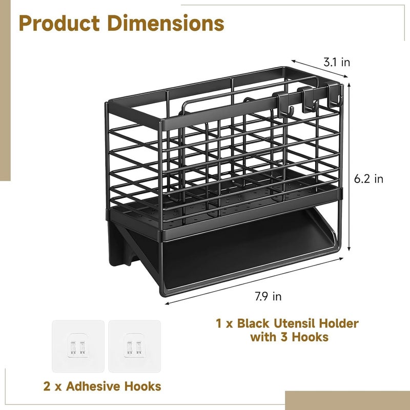 Cutlery Organizer, Black Metal Utensil Holder, Wall Mounted, 3 Compartments, 6.2 X 7.9 In - Image 2