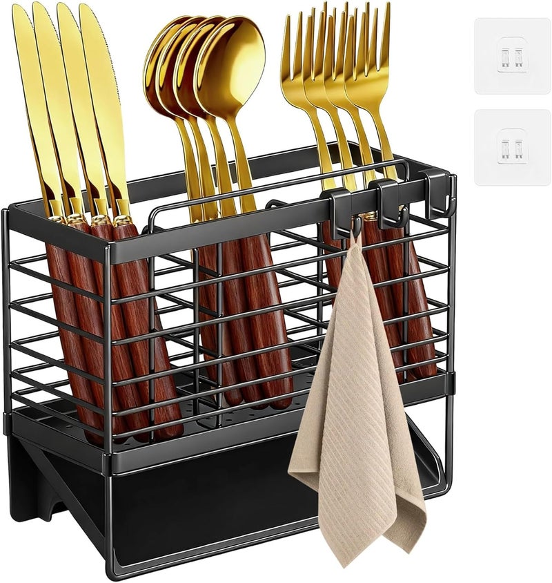 Cutlery Organizer, Black Metal Utensil Holder, Wall Mounted, 3 Compartments, 6.2 X 7.9 In - Image 1