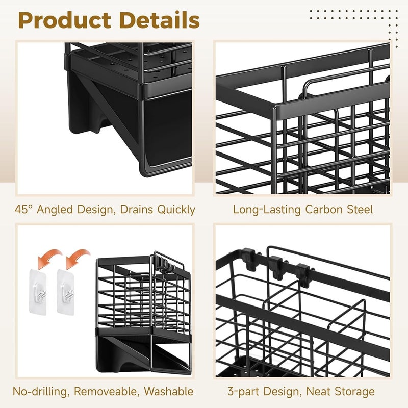 Cutlery Organizer, Black Metal Utensil Holder, Wall Mounted, 3 Compartments, 6.2 X 7.9 In - Image 3