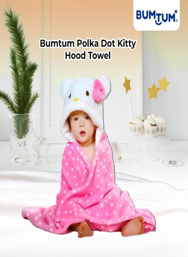 Bumtum Baby Soft Cotton Hooded Bath Towel | Ultra Absorbent | for Newborn, Infant Boys and Girls (Pink Polka Kitty) - Image 2