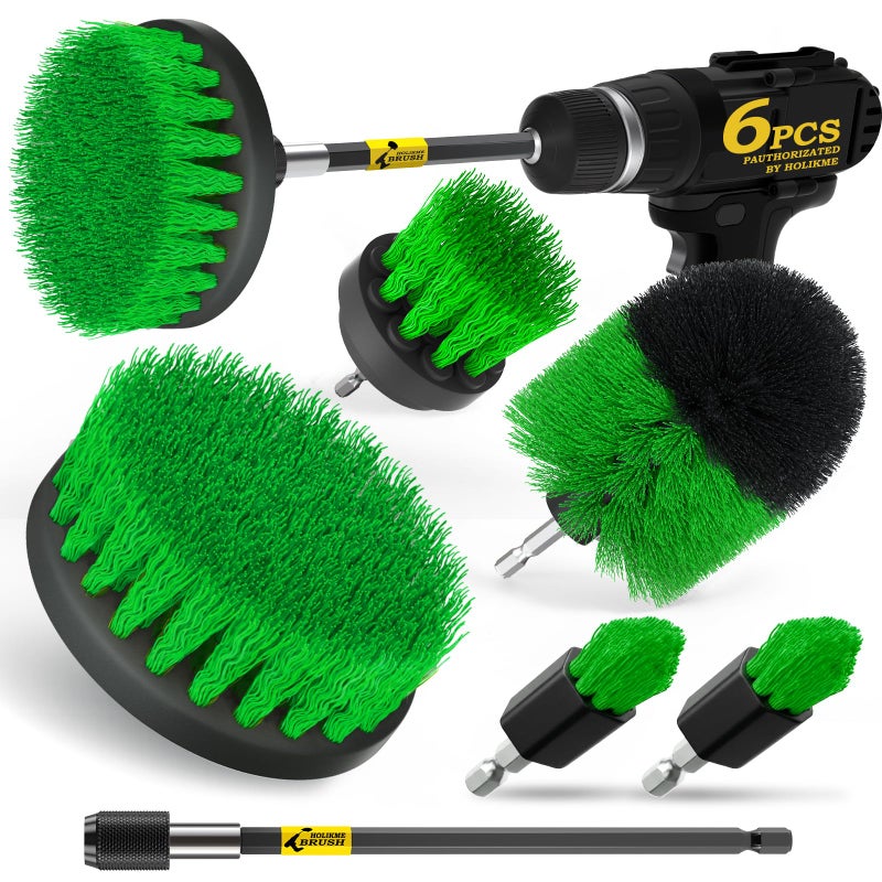 Holikme 6Pack Drill Brush Power Scrubber Cleaning Brush Extended Long Attachment Set All Purpose Drill Scrub Brushes Kit for Grout Floor Tub Shower Tile BathroomScrub Brush Green - Image 2