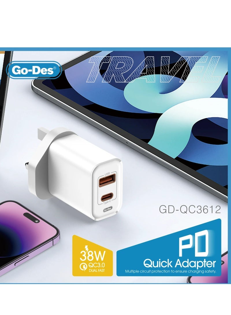 GO-DES 38W Dual-Port Fast Travel Wall Charger – USB-C PD & USB-A QC 3.0 Power Adapter with Smart Protection – High-Speed Charging for iPhone, Samsung, Android, Tablets & More - Image 3