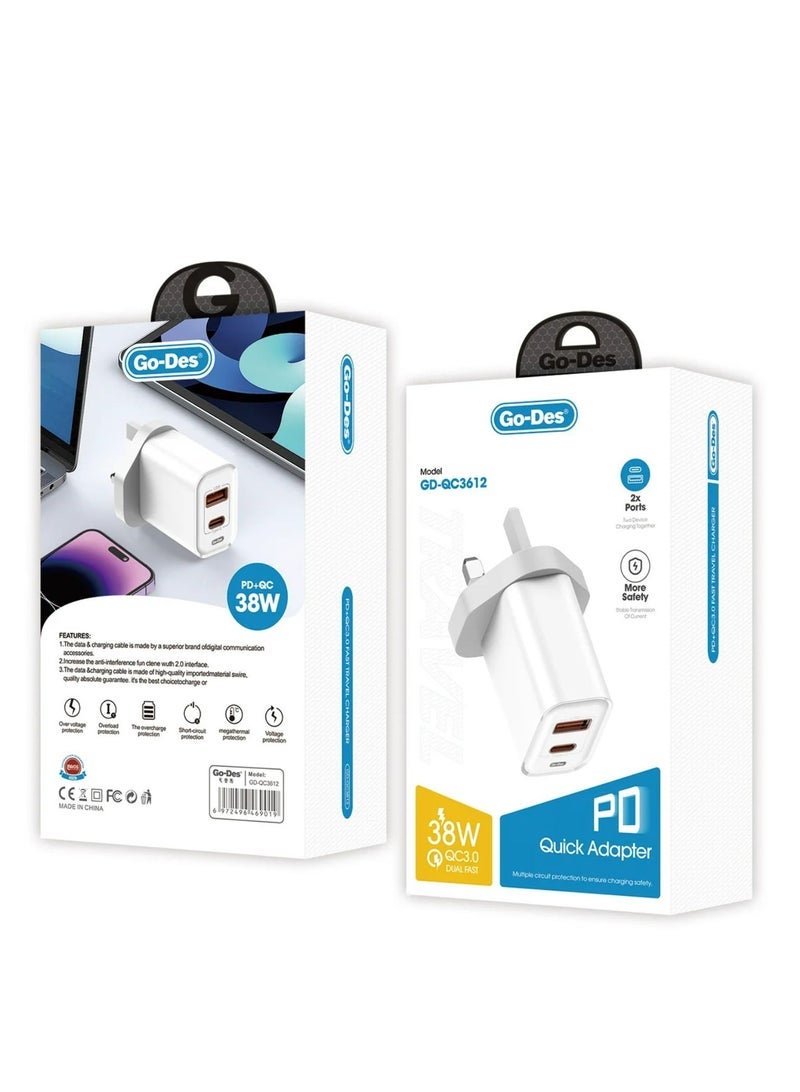 GO-DES 38W Dual-Port Fast Travel Wall Charger – USB-C PD & USB-A QC 3.0 Power Adapter with Smart Protection – High-Speed Charging for iPhone, Samsung, Android, Tablets & More - Image 2
