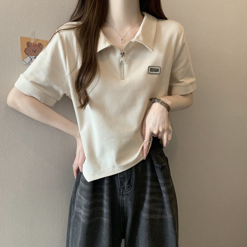 Women's Polo Collar Short Sleeve T-shirt, Loose Fit, Cotton Letter Print - Image 1