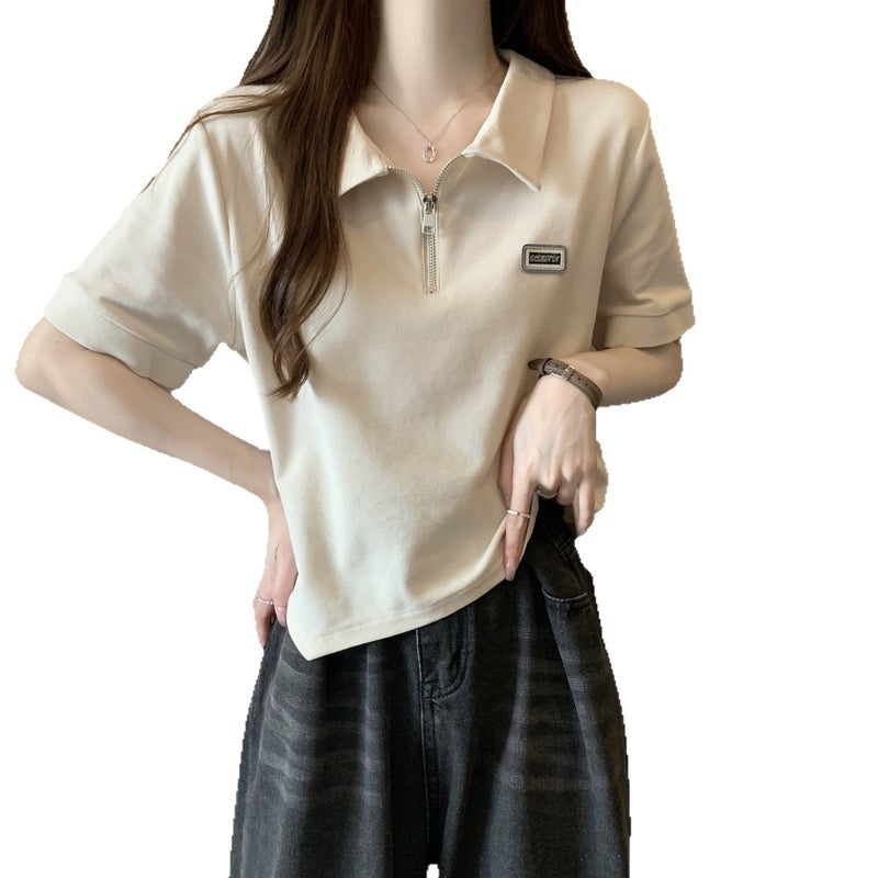 Women's Polo Collar Short Sleeve T-shirt, Loose Fit, Cotton Letter Print - Image 5