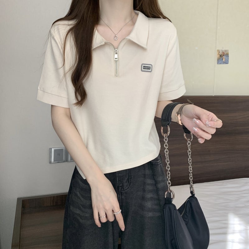 Women's Polo Collar Short Sleeve T-shirt, Loose Fit, Cotton Letter Print - Image 2