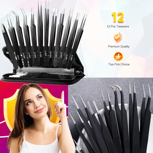 Antonki 12 Pack Precision Tweezers Set for Craft, Soldering, Jewelry, Facial Hair, Eyebrow, Ingrown Hair Removal, Eyelash Extension- with Case - Image 2