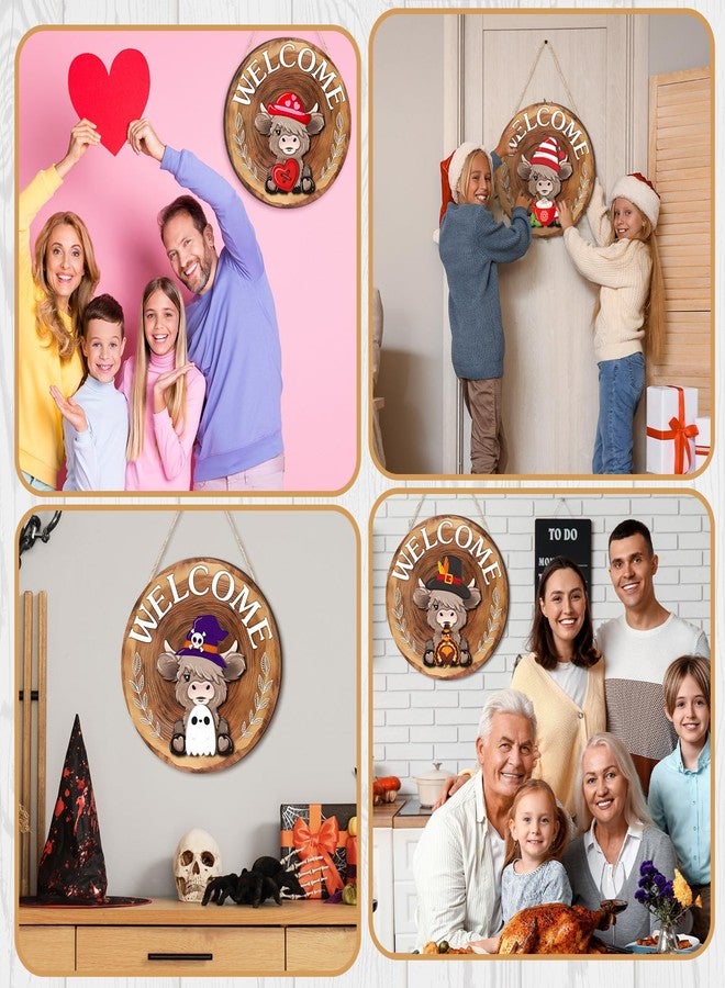 Vicenpal 35 Pcs Interchangeable Highlands Cow Welcome Sign Hanging Seasonal Cow Head Wooden Front Door Decor with 17 Interchangeable Hat 17 Magnet Swappable Pieces for Farmhouse Holiday (Red Brown) - Image 5