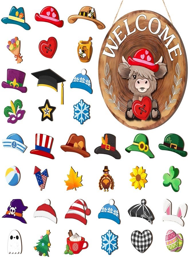 Vicenpal 35 Pcs Interchangeable Highlands Cow Welcome Sign Hanging Seasonal Cow Head Wooden Front Door Decor with 17 Interchangeable Hat 17 Magnet Swappable Pieces for Farmhouse Holiday (Red Brown) - Image 1