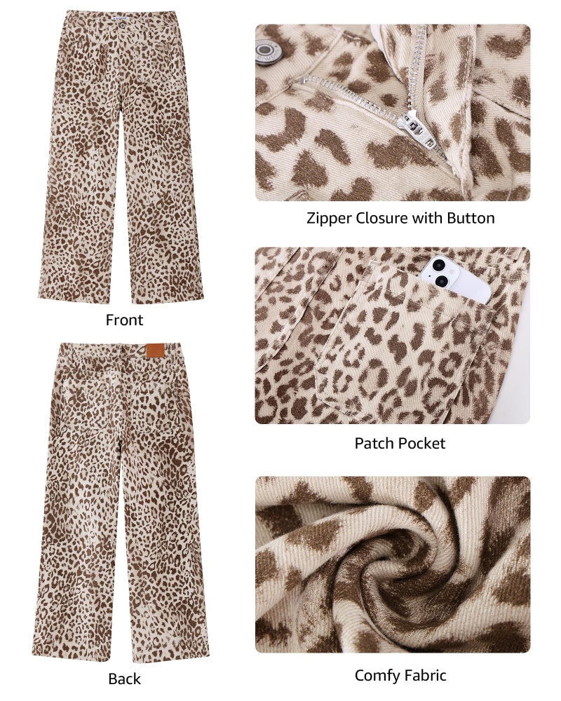 luvamia Leopard Wide Leg High Waisted Jeans for Women Stretch Cheetah Print Cropped Wide Leg Pants for Women Denim Patch Pocket Flare Jeans Sandshell Leopard Medium US Size 8-10 - Image 5