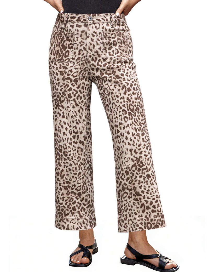 luvamia Leopard Wide Leg High Waisted Jeans for Women Stretch Cheetah Print Cropped Wide Leg Pants for Women Denim Patch Pocket Flare Jeans Sandshell Leopard Medium US Size 8-10 - Image 1