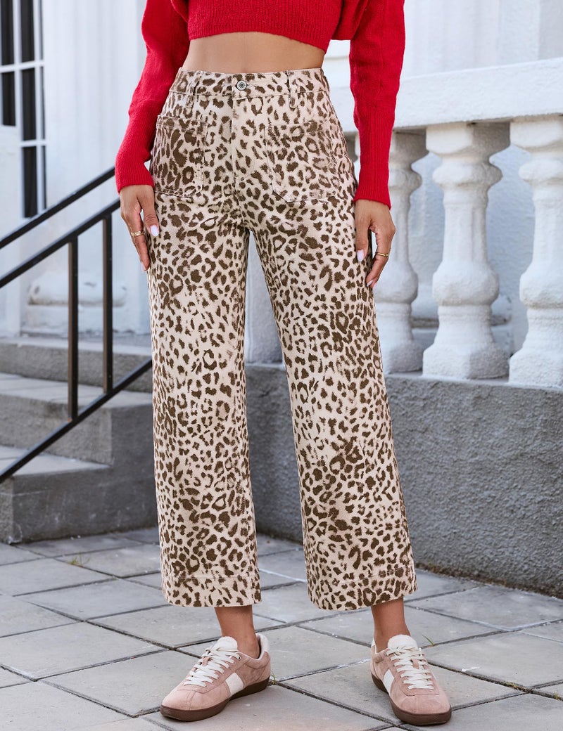 luvamia Leopard Wide Leg High Waisted Jeans for Women Stretch Cheetah Print Cropped Wide Leg Pants for Women Denim Patch Pocket Flare Jeans Sandshell Leopard Medium US Size 8-10 - Image 4