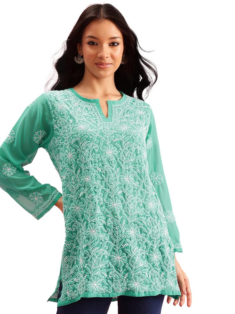 Ada Hand Embroidered Georgette Lucknow Chikankari Short Kurti Regular Fit Top For Girls & Women A911224 (Large,Sea Green) - Image 1