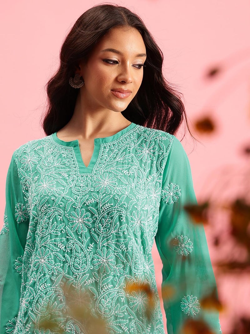 Ada Hand Embroidered Georgette Lucknow Chikankari Short Kurti Regular Fit Top For Girls & Women A911224 (Large,Sea Green) - Image 5
