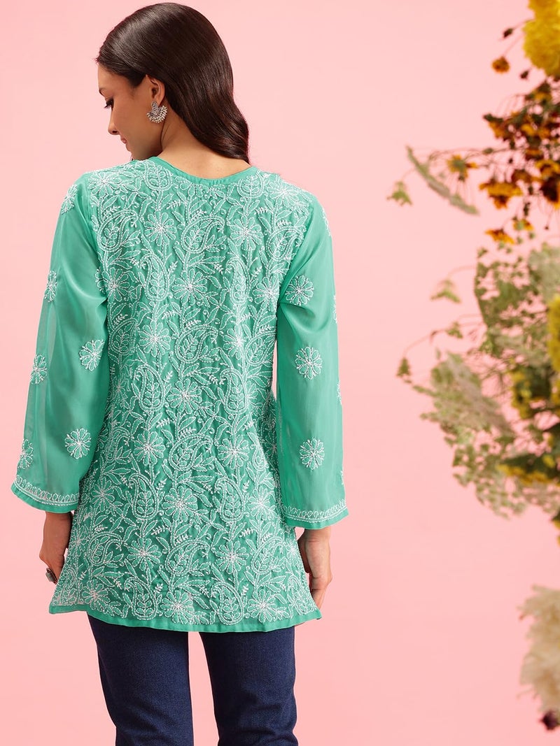 Ada Hand Embroidered Georgette Lucknow Chikankari Short Kurti Regular Fit Top For Girls & Women A911224 (Large,Sea Green) - Image 2