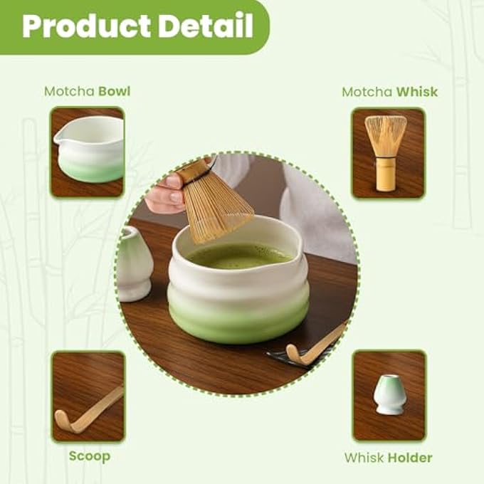 تنم مجموعة ماتشا من 4 قطع، خفاقة خيزران، حامل خفاقة، مغرفة ووعاء ماتشا متموج لطيف مقاس 14×17 سم، مجموعة هدايا احتفالية تقليدية للشاي الأخضر واللاتيه، أبيض وأخضر - Image 3