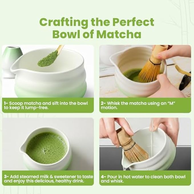تنم مجموعة ماتشا من 4 قطع، خفاقة خيزران، حامل خفاقة، مغرفة ووعاء ماتشا متموج لطيف مقاس 14×17 سم، مجموعة هدايا احتفالية تقليدية للشاي الأخضر واللاتيه، أبيض وأخضر - Image 5