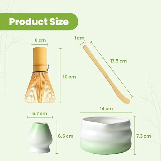 تنم مجموعة ماتشا من 4 قطع، خفاقة خيزران، حامل خفاقة، مغرفة ووعاء ماتشا متموج لطيف مقاس 14×17 سم، مجموعة هدايا احتفالية تقليدية للشاي الأخضر واللاتيه، أبيض وأخضر - Image 4