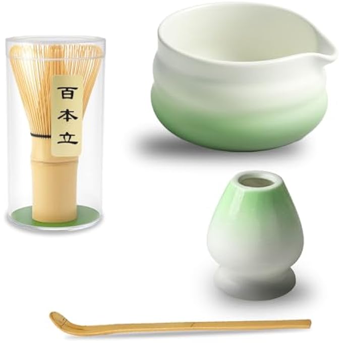 تنم مجموعة ماتشا من 4 قطع، خفاقة خيزران، حامل خفاقة، مغرفة ووعاء ماتشا متموج لطيف مقاس 14×17 سم، مجموعة هدايا احتفالية تقليدية للشاي الأخضر واللاتيه، أبيض وأخضر - Image 2