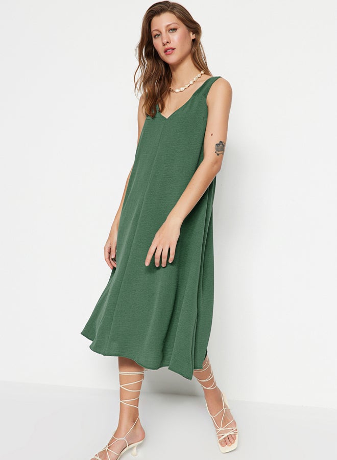 trendyol Green Relaxed Cut V Neck Midi Woven Dress - Image 1