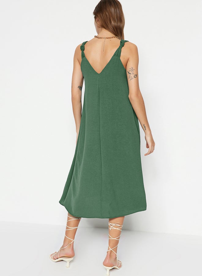trendyol Green Relaxed Cut V Neck Midi Woven Dress - Image 5