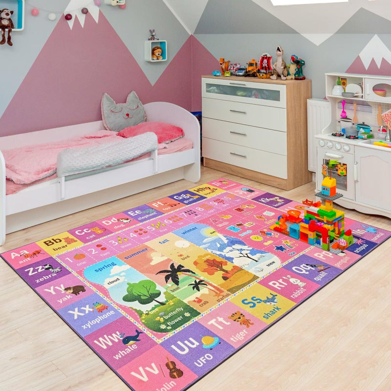 Macgace ABC Kids Rug for Playroom, 3x5 Pink Purple Washable Classroom Area Rugs, Toddler Educational Play Mat with Alphabet Numbers Seasons Shapes, Learning Fun for Preschool Children - Image 3