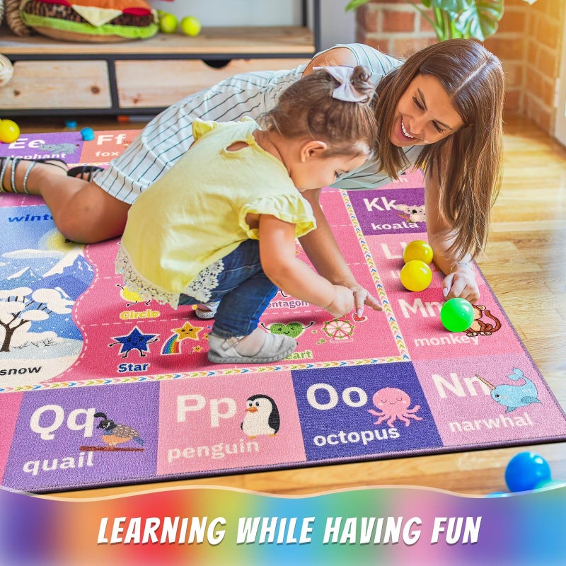 Macgace ABC Kids Rug for Playroom, 3x5 Pink Purple Washable Classroom Area Rugs, Toddler Educational Play Mat with Alphabet Numbers Seasons Shapes, Learning Fun for Preschool Children - Image 2