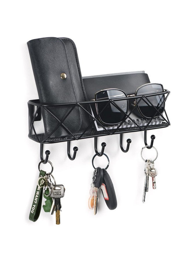 HappyHapi Key Holder for Wall Decorative, Entryway Key Hooks, Wall Mounted Key Rack with 5 Hooks, Metal Wire Mesh Basket Mail Holder, 9.8”Lx2.1”Wx4.1”H - Image 1