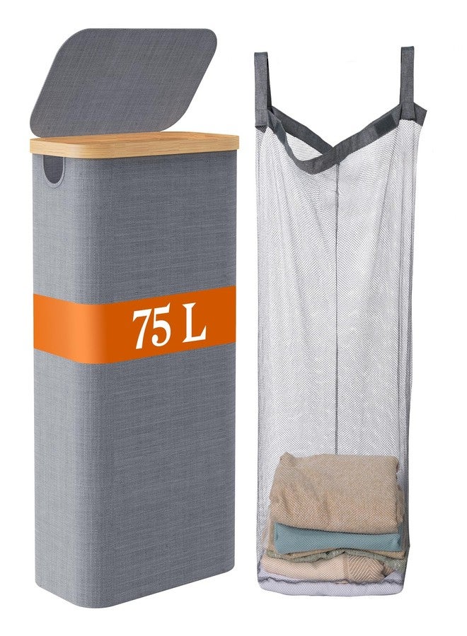 JOLLYIN Laundry Basket with Lid, 75L Laundry Hamper with Removable Bag, Travel Dirty Clothes Basket with Bamboo Handles for Bathroom, Bedroom & Laundry Room, Grey - Image 1