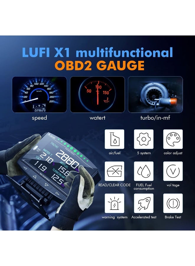 Lufi X1 OBD2 Gauge Display, Boost Gauge, Speedometer, Water Temperature Meter, Multi-ECU Data Combination Cluster - Image 5