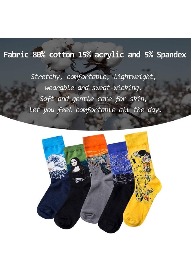 Mens Colorful Fun Dress Socks, Novelty Painting Socks, Fancy Funny Casual Combed Cotton Crew Socks, Unique & Striking Design for Running Skateboarding Hiking Sports Daily Use 5 Pair - Image 3