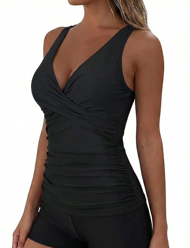 Firpearl Women's Black Underwire Tankini Top Swimwear Twist V Neck Swimsuits for Big Busted Tummy Control Swim Top Only US16 - Image 4