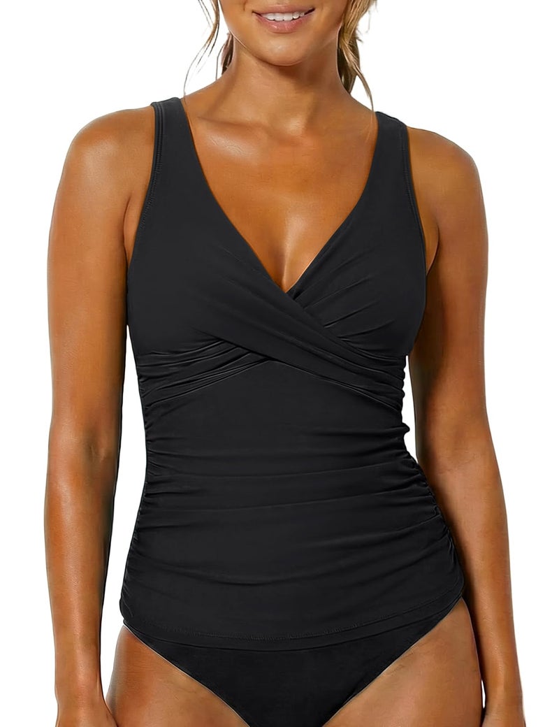 Firpearl Women's Black Underwire Tankini Top Swimwear Twist V Neck Swimsuits for Big Busted Tummy Control Swim Top Only US16 - Image 3
