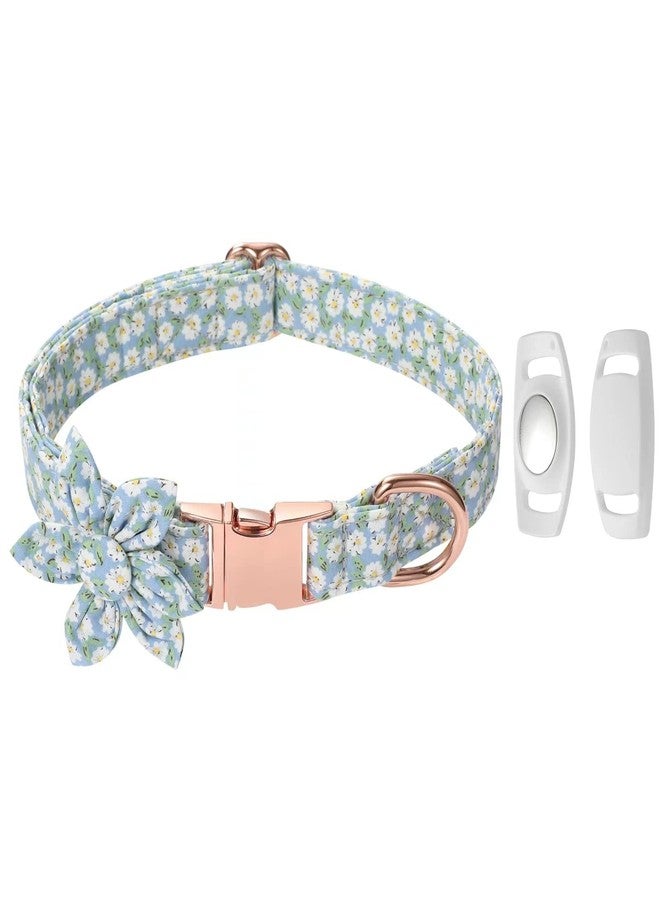 Gokotta Dog Collar Female Flower with Buckle，Adjustable Girl Soft Collars Foral Bow Tie, with Airtag Holder Case Removable for Small Medium Large Dogs (L, Light Blue Flower) - Image 1