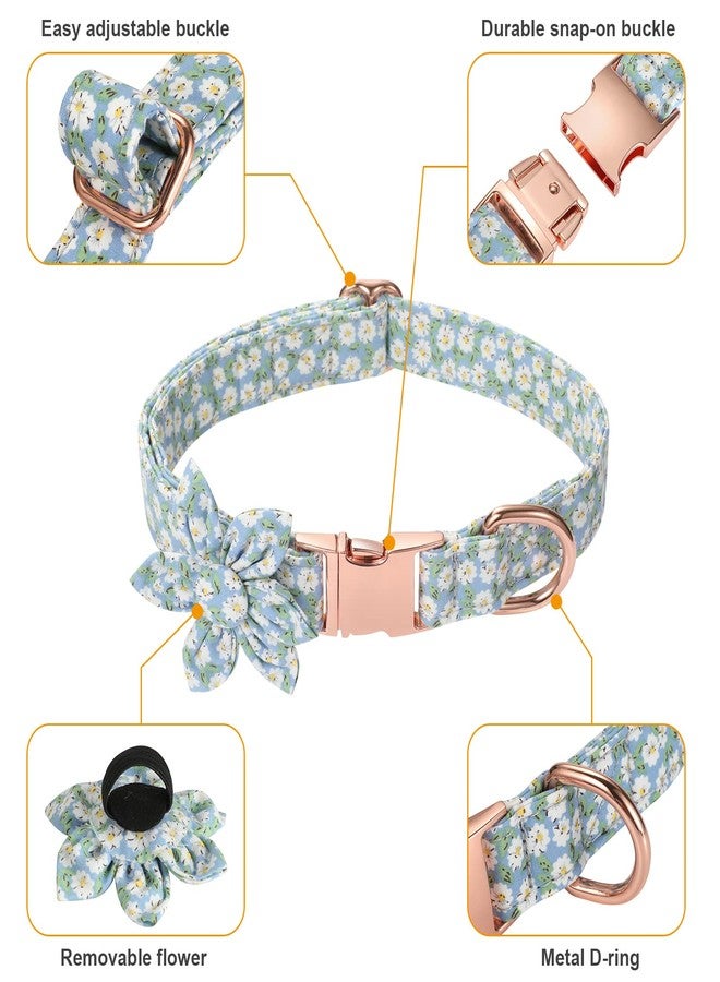 Gokotta Dog Collar Female Flower with Buckle，Adjustable Girl Soft Collars Foral Bow Tie, with Airtag Holder Case Removable for Small Medium Large Dogs (L, Light Blue Flower) - Image 2
