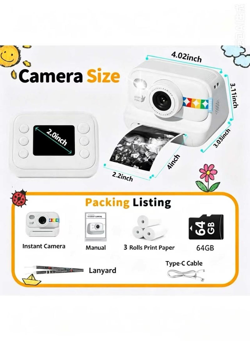LAESO 64GB Card Included Instant Print Camera for Kids, 48MP Photo 1080P Video Recorder, Portable Toy Camera for Children, White - Image 5