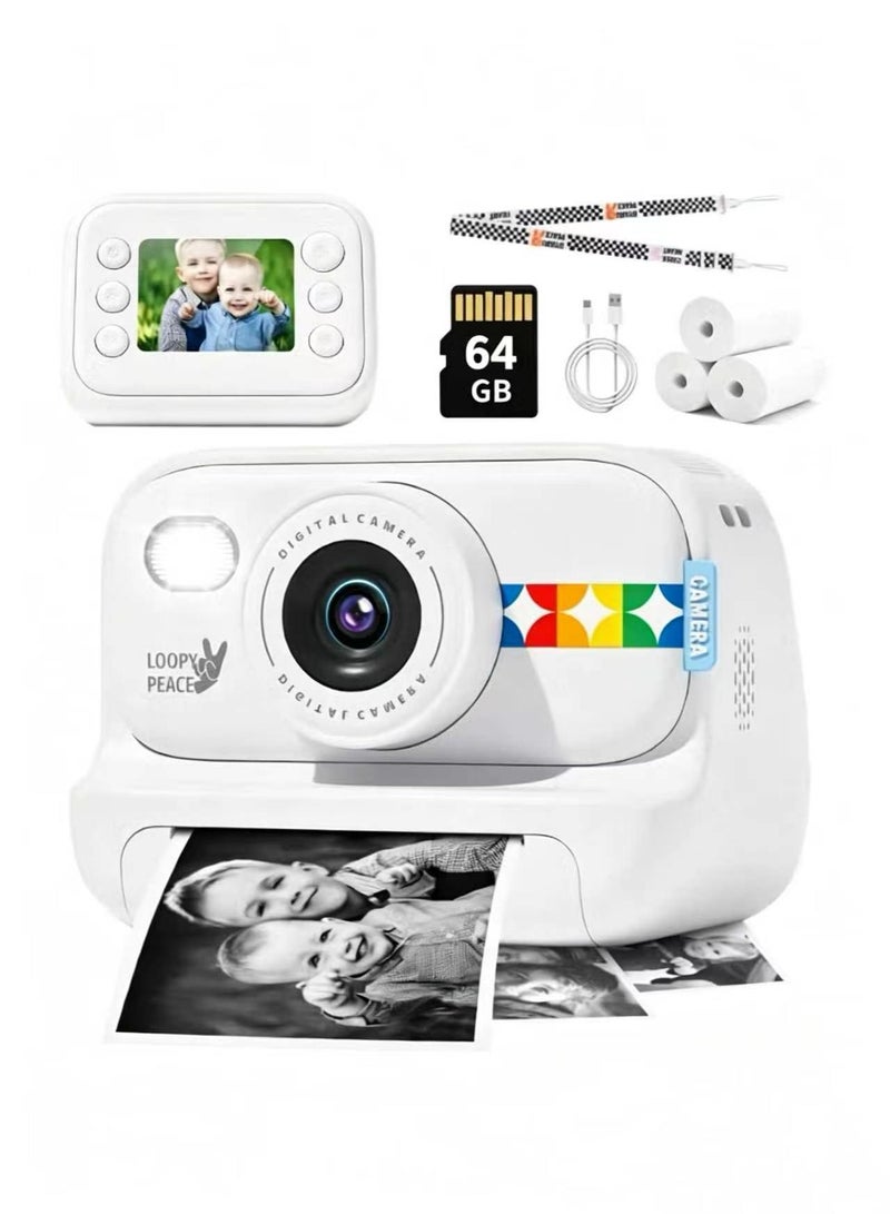 LAESO 64GB Card Included Instant Print Camera for Kids, 48MP Photo 1080P Video Recorder, Portable Toy Camera for Children, White - Image 1