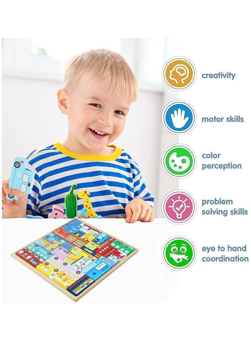 Montessori Wooden Puzzle Toy for Kids Block Puzzle Brain Teasers Toy Tangram Russian Block Game STEM Kids Educational Gift (Traffic) - Image 2