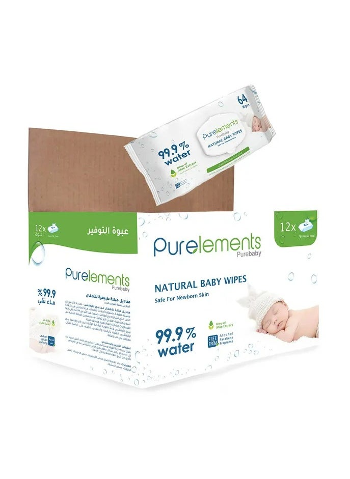 Pure Elements Aloe Natural 99.9% Water Wipes - Pack of 12 - 768pcs  - Image 2