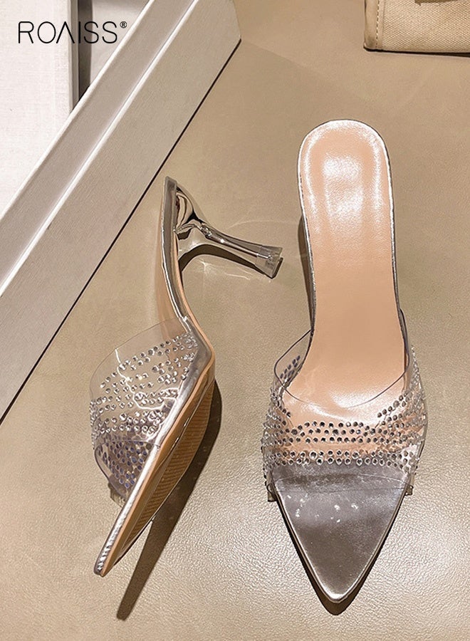 رويس حذاء نسائي أنيق بكعب عالٍ مدبب من الأمام، مزين بأحجار الراين الشفافة، مفتوح من الخلف، مريح، يسمح بتهوية القدم، مانع للانزلاق، مناسب للمناسبات الرسمية والخاصة، لون فضي - Image 3