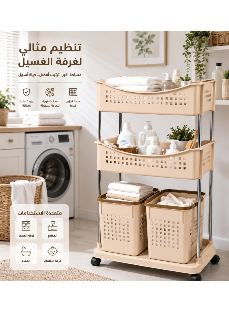 Durable, multi-purpose, 3-tier plastic laundry basket with shelves for storage and organization – a practical laundry organizer for homes, bathrooms, and laundry rooms. - Image 2