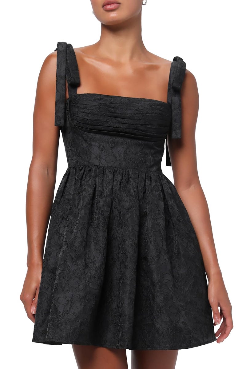 Lulus Sydney Tie Shoulder Mini Dress Floral Jacquard Sleeveless A-Line Cocktail Dress Black - Image 1