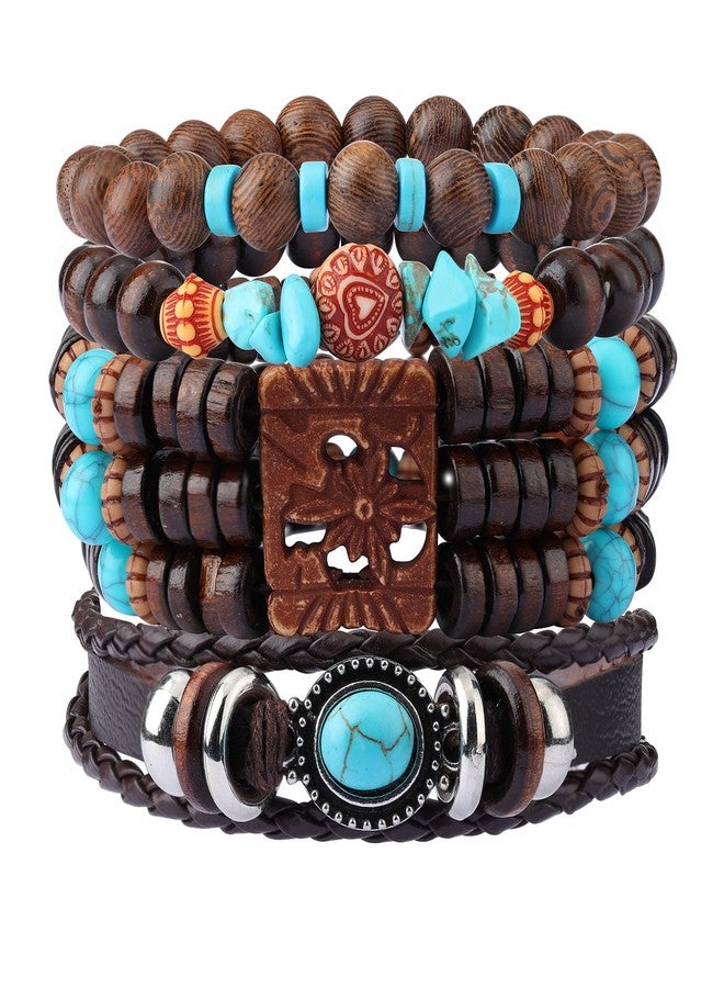 MILAKOO 4Pcs Vintage Bracelet Set Boho Punk Leather Wristband Wide Wooden Bracelet for Women Men - Image 1
